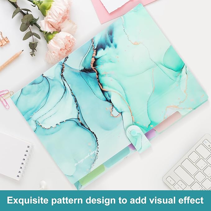 Ddaowanx Expanding File Folder, Letter A4 Size Accordion Plastic File Organizer, 5 Pocket Folders for Documents, Aesthetic Folder with Labels, Paper Organizer for School Office (Green Marble)