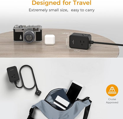 Flat Black Extension Cord, TESSAN Ultra Thin Power Strip with 3 USB Wall Charger (1 USB C), 3 Outlets Small Charging Station, 5 ft Slim Plug for Cruise Travel Office School Dorm Room Essentials