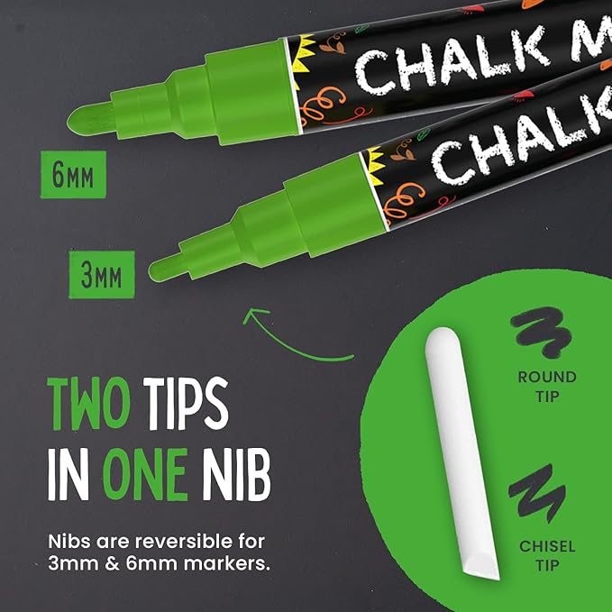 5 Green Chalkboard Chalk Pens - Green Dry Erase Markers for Blackboard, Chalkboard Signs, Windows, Glass | Variety Pack - Fine & Jumbo Size Ink Pen (1mm, 3mm, 6mm, 10mm, 15mm)