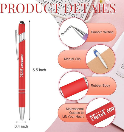 Colarr 12 Pcs Employee Appreciation Pen Ballpoint with Stylus Tip Pen 1.0 mm Black Ink Multicolor Smooth Motivational 2 in 1 Ballpoint Supplies for Coworker Thank You Gift (Chaos Coordinator)