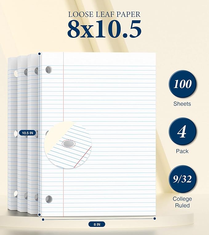College Ruled Loose Leaf Paper, 3 Hole Punch Paper 8 x 10.5, Notebook Paper, Filler Paper for 3 Ring Binders, Lined Paper College Ruled, 100 Sheets/Pack Writing Paper With Lines (4 Pack)
