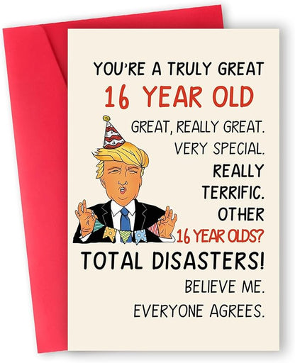 Funny Trump 16th Birthday Card for Boys Girls, Cool 16th Birthday Card Gift for Son Daughter, Unique 16 Year Old Birthday Decoration for Him Her