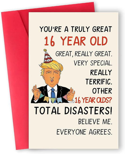 Funny Trump 16th Birthday Card for Boys Girls, Cool 16th Birthday Card Gift for Son Daughter, Unique 16 Year Old Birthday Decoration for Him Her