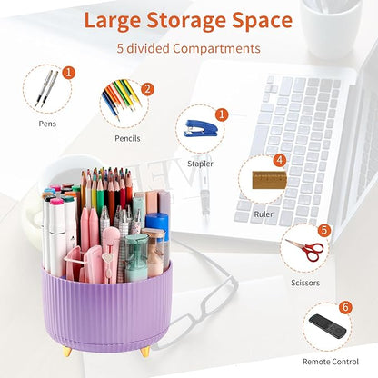 Desk Pencil Pen Holder, 5 Slots 360°Degree Rotating Pencil Pen Organizers for Desk, Desktop Storage Stationery Supplies Organizer, Cute Pencil Cup Pot for Office, School, Home, Art Supply, Purple