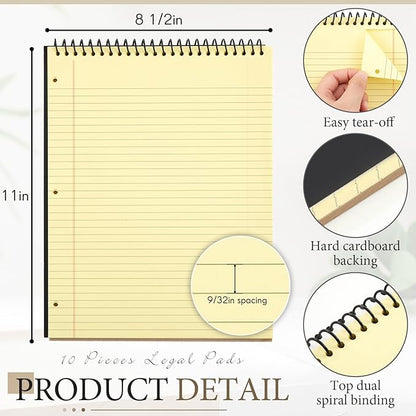 10 Pcs Legal Pads 3 Hole Punched Top Bound Spiral Notebook Tear Line for Easy Removal 8.5 x 11 in Hard Cardboard Paper College Ruled Notepad Spiral Note Pad for Office School (Yellow)