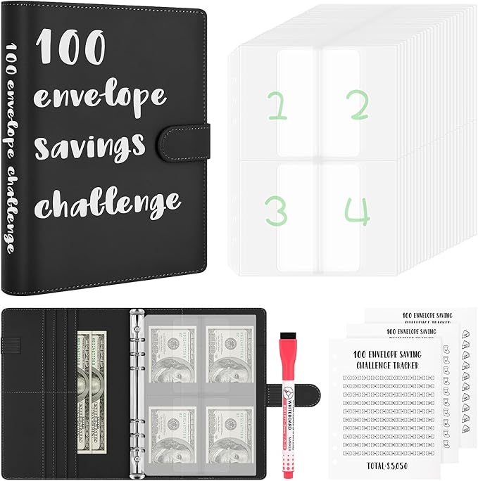 100 Envelopes Challenge Binder, A5 Money Saving Budget Binder with Upgraded Cash Envelopes & Pen, Budget Savings Challenge Book to Save $5,050, 3 Reusable Laminated Saving Challenge Tracker Included