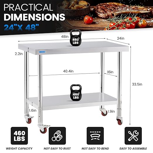 Stainless Steel Table for Prep & Work with 4 Caster Wheels with Undershelf 24 x 48 NSF Metal Commercial Kitchen Adjustable Under Shelf Worktable for Restaurant Home Outdoor