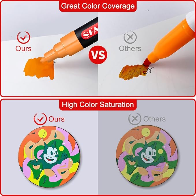 SFAIH Acrylic Creative Markers - 3mm Replaceable Nibs 15 Colors, Large Ink Capacity, Ultra-High Coverage, Non-Bleeding Water-Based Ink, Drawing Markers for Art Supplies, Wood, Fabric, Rock Painting