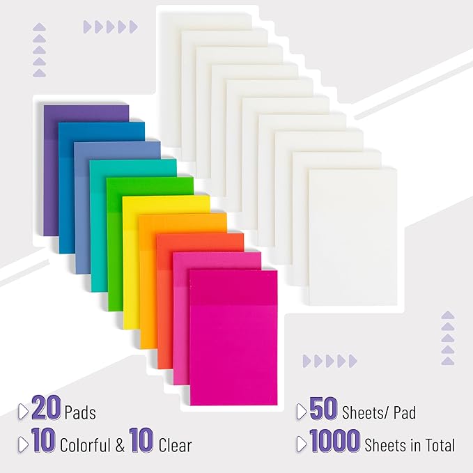 Mr. Pen- Transparent Sticky Notes, 3”x2”, 20 Pads, 1000Sheets, Colorful & Clear See Through Sticky Notes, Bulk Sticky Notes Transparent, Translucent Sticky Notes, Clear Transparent Sticky Notes Clear