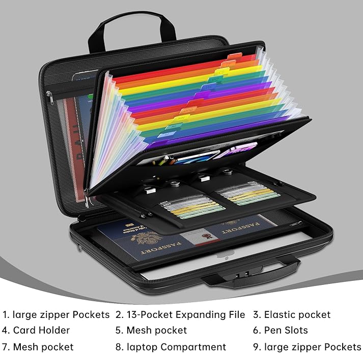 Accordion File Organizer,Fireproof Document Box with Lock,Large 13 Pocket Expanding File Folder,Hard-Shell Portable Safe Storage for Letter/Legal Document,Laptop,Valuables-Black