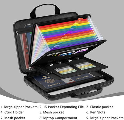 Accordion File Organizer,Fireproof Document Box with Lock,Large 13 Pocket Expanding File Folder,Hard-Shell Portable Safe Storage for Letter/Legal Document,Laptop,Valuables-Black