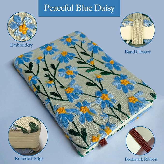 Pocket Notebook, Small Sketchbook, A6 Journal, 4x6, Daisy Gifts for Women, Floral Notebook, Embroidery Journal, Blank Paper, Hardcover, Lay Flat, Elastic Band, Diary for Girls, Blue Daisy