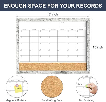 Dry Erase Calendar for Wall, 17"x13" Whiteboard Calendar Cork Board Combo, Magnetic White Board Monthly Calendar with Wood Framed, Hanging Dry Erase Board for Office Kitchen Home Planner Memo