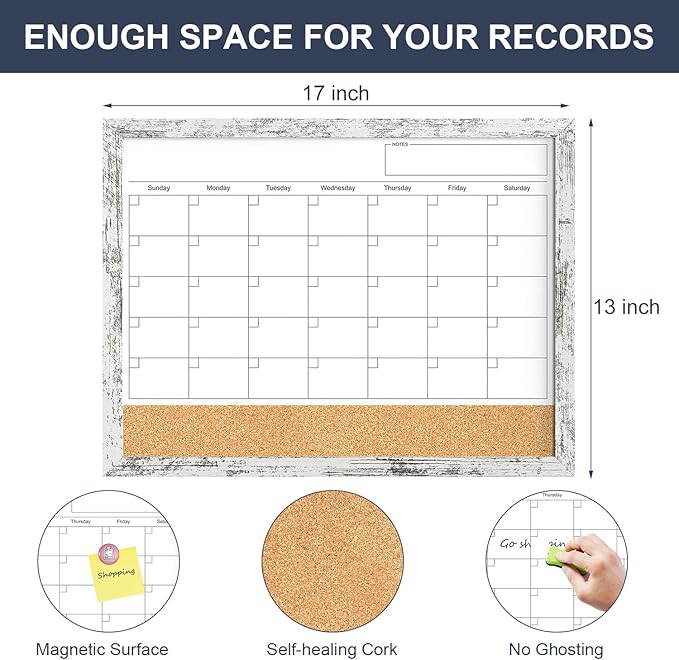 Dry Erase Calendar for Wall, 17"x13" Whiteboard Calendar Cork Board Combo, Magnetic White Board Monthly Calendar with Wood Framed, Hanging Dry Erase Board for Office Kitchen Home Planner Memo