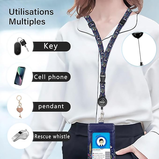 Floral Badge Holders, Vertical PU Leather ID Card Name Bdge Holder with Detachable Neck Lanyard Strap and Retractable Badge Reel Metal Clip Sturdy Buckle for Key Wallet (Wildflower)