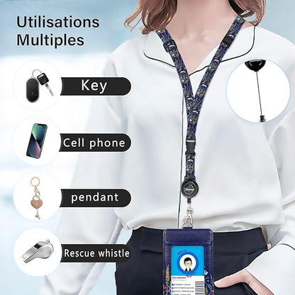 Floral Badge Holders, Vertical PU Leather ID Card Name Bdge Holder with Detachable Neck Lanyard Strap and Retractable Badge Reel Metal Clip Sturdy Buckle for Key Wallet (Wildflower)