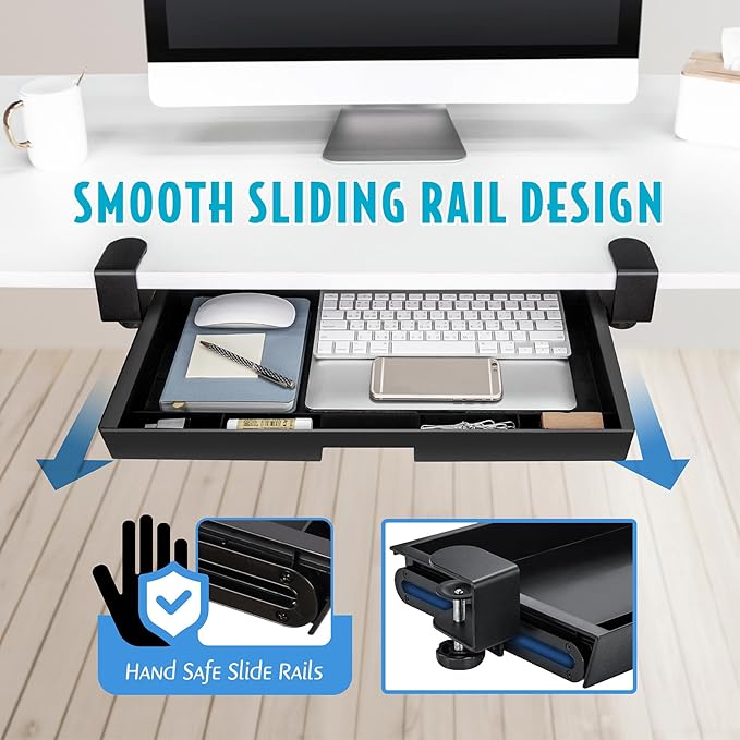 EHO Large Under Desk Slide Out Storage Drawer, Adjustable Sturdy C-Clamp Tray, 20x11.8 inch Pull Out Drawer, Smooth Sliding Rail Design for Keyboard Mouse Desk Extender Organizer for Home/Office Black