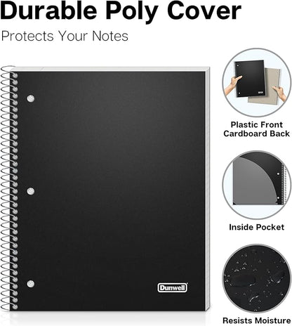 Dunwell 3-Subject Notebook College Ruled (Black), Spiral Notebook 8.5 x 11, Plastic Cover, 3 Pocket Dividers, 150 Sheets (300 Pages), 3-Hole Punched Perforated 8 1/2 x 11 Paper