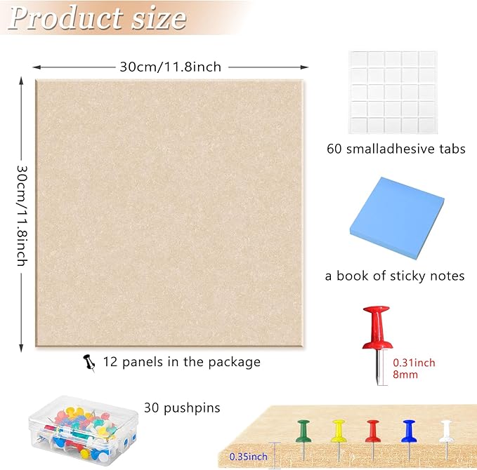 Large Cork Board Alternative for Walls, 47"x35" 12 Pack Felt Wall Tiles Bulletin Board with 30 Push Pins, Sticky Notes, Cork Boards for Office Pin Board Tack Board Felt Boards (Deep Camel)