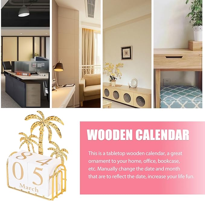 SUPVOX Wooden Block Calendar for Desk Daily Desktop Perpetual Calendar Wood Month Date Display Blocks Farmhouse Desk Accessories for Home Office Decor Reusable Yearly Coconut Tree Design