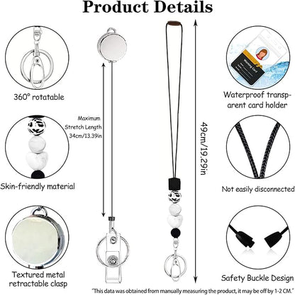 Colorful ID Badge Holder with Silicone Beads Lanyard Set,Cute Teacher Breakaway Lanyard for Keys & Keychain with Cute Retractable Badge Reel Holder,Gift for Women,Nurse, Teacher. (Black White Heart)