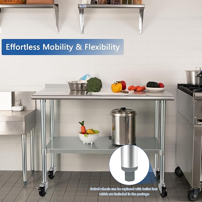 HARDURA Stainless Steel Table 30 x 48 Inches with Wheels Casters NSF Heavy Duty Commercial Prep Table with 2” Backsplash and Adjustable Undershelf for Restaurant Kitchen Home and Hotel
