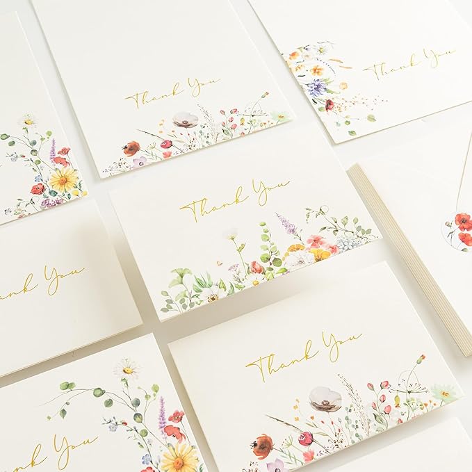 Crisky Floral 4 Assorted Thank You Cards (25 Pack) with Envelopes & Stickers Gold Foil Greeting Cards Bulk, Watercolor Wildflower for Birthday, Baby Shower, Wedding, Graduation