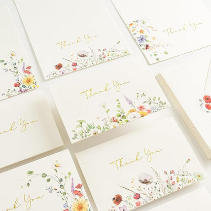 Crisky Thank You Cards 4 Assortment, Gold Foil Watercolor WildFlowers (100 Cards with Envelopes for Birthday, Baby Shower, Bridal Shower, Wedding, All Occasion)