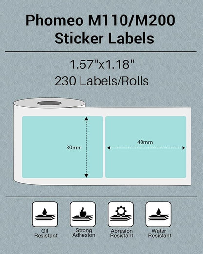 Phomemo Sticker Label M110/M221/M220/M120/M200/M110S Thermal Label- Black on Green 1.57"x1.18"(40x30mm) for Small Business, Home, Office, 230 Labels/Roll