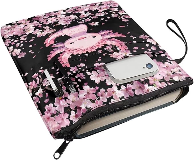 COEQINE Axolotl Flower Book Covers for Girls Large Capacity Book Sleeves Cover with Zipper Portable Book Cherry Blossom Book Pouch Case