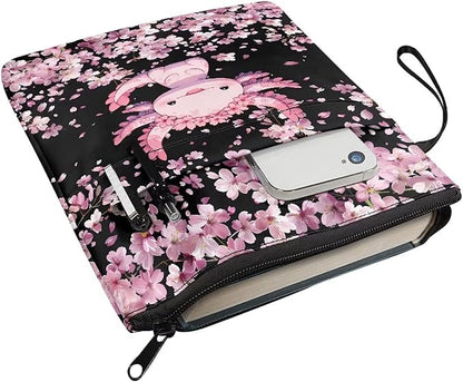 COEQINE Axolotl Flower Book Covers for Girls Large Capacity Book Sleeves Cover with Zipper Portable Book Cherry Blossom Book Pouch Case