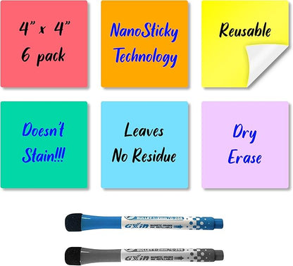 Reusable Dry Erase Sticky Notes - 6 Pack of 4″x4″ Whiteboard Stickers for Lists, Labels, Reminders & Decals - Adheres to Most Surfaces