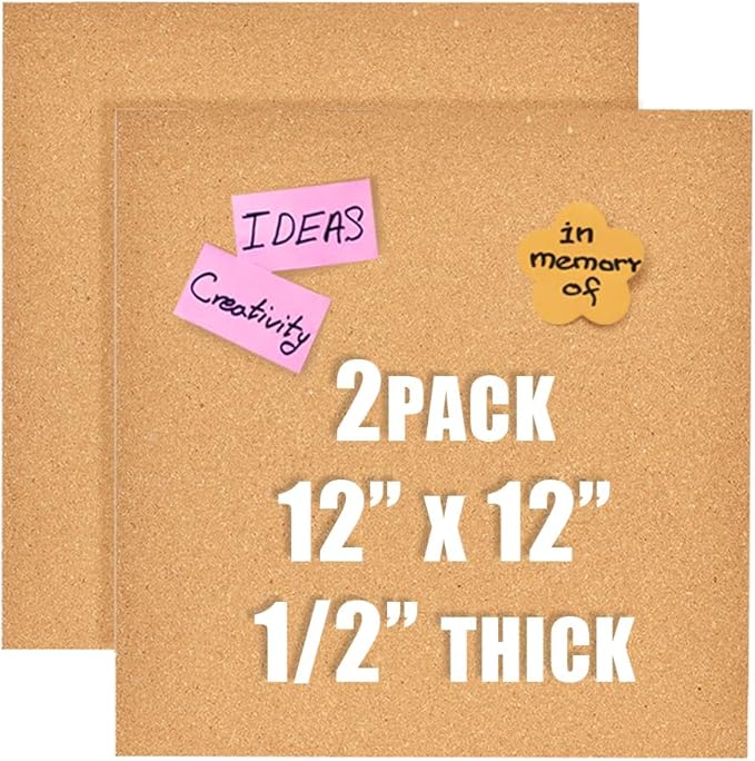 12x12 Cork Board Tiles Bulletin Board, 1/2" Thick Small Square Cork Boards for Walls, Self-Adhesive Cork Tiles for Home, Office, School, Bulletin Board Decorations(12mm,2pc)