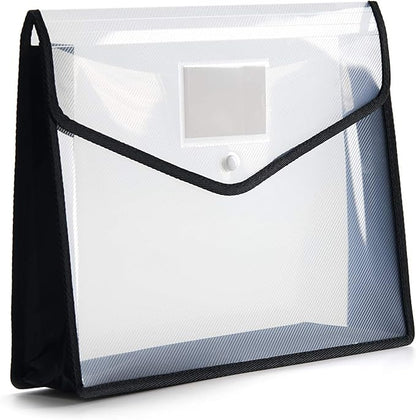 Plastic File Folder Poly Envelope Expanding File Wallet Document Folder with Snap Button Closure, Legal Size, 5 Pack Large Waterproof Accordion File Pouch (Transparent&Black)