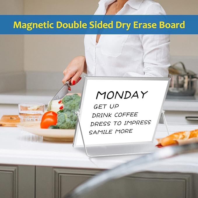 Dry Erase White Board, 16inX12in Large Magnetic Desktop Whiteboard with Stand, 10 Markers, 4 Magnets, 1 Eraser, Portable Double-Sided White Board Easel for Memo to Do List Desk Office