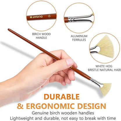 DUGATO Artist Fan Paint Brush Set of 7, White Hog Bristle Natural Hair Anti-Shedding Brush Tips, Long Wooden Handle for Comfortable Holding, Great for Acrylic Watercolor Oil Painting
