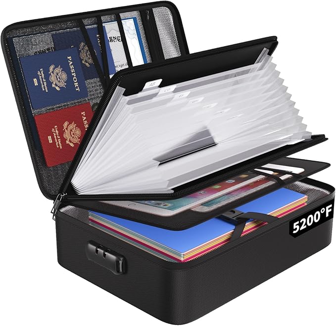 ENGPOW 5200℉ Fireproof File Organizer Bag with 13 Pocket Accordion File Folder,Document Organizer Box with Lock&Labels,Multi-Layer Portable Home Travel Safe Storage Box for Important Documents,Files