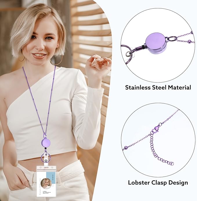 Lanyards for Id Badges 3 Pack Badge Lanyard with 6 Pcs Id Badge Holder Retractable Stainless Steel Teacher Lanyards Cruise Ship Lanyards for Girl Women (Purple, Pink, Bright Blue)
