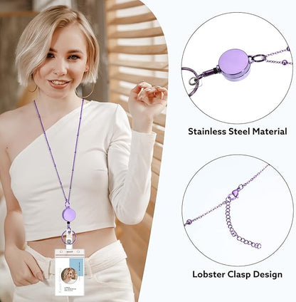 Lanyards for Id Badges 3 Pack Badge Lanyard with 6 Pcs Id Badge Holder Retractable Stainless Steel Teacher Lanyards Cruise Ship Lanyards for Girl Women (Purple, Pink, Bright Blue)