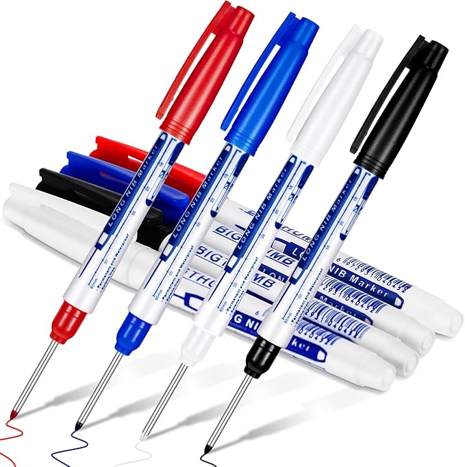 4 Pcs Deep Reach Markers Long Nose Waterproof Deep Hole Marker Carpenter Ink 30 mm Reach Permanent and Pens for Carpenters Builders Construction, 4 Colors