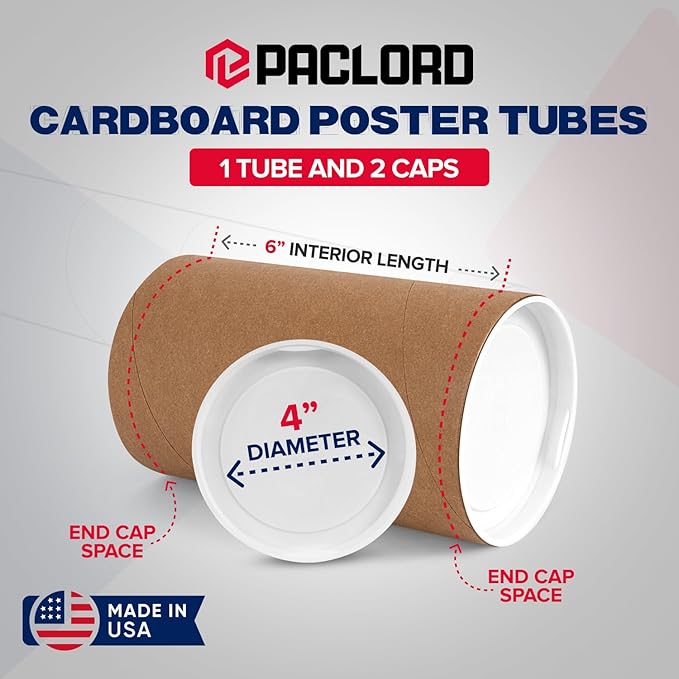 4" x 6" Reinforced Kraft Paper Mailing Tube, Pack of 1 Tube with 2 Caps – Secure USPS Approved Poster Tube – Cardboard Tube for Shipping and Storing Posters, Prints, Artwork, or Documents