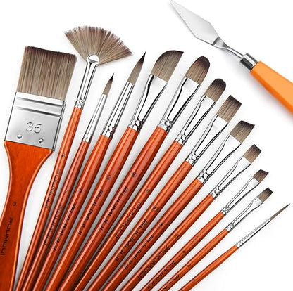 14pcs Acrylic Paint Brushes, Professional Synthetic Bristles Paint Brush Set with Extra Palette Knife - Flat, Filbert, Fan, Dagger, Round, Angle, Rigger Paint Brushes for Oil, Acrylic Canvas Paintings