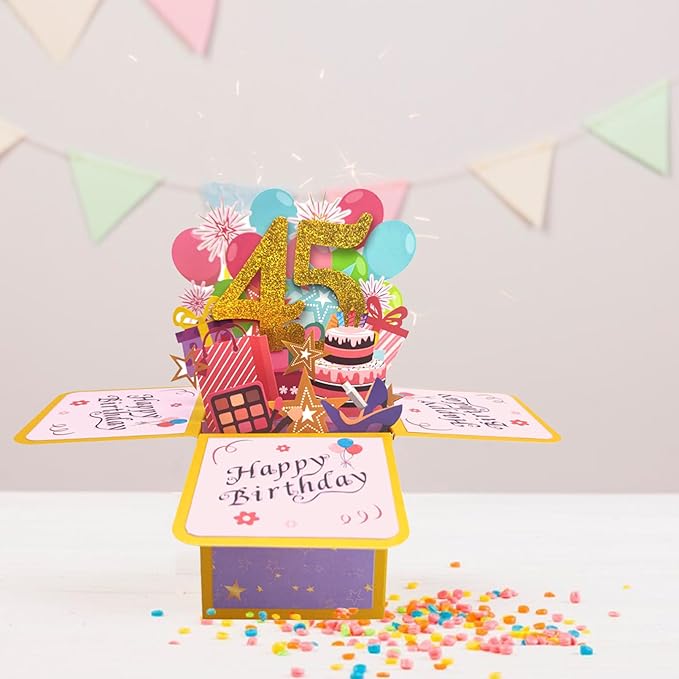 Asmallgf 45th Birthday Pop Up Card Idea, Printed on Recyclable 300gsm Linen Cardstock, Size 3.1x3.1x7.1 Inches, Includes Envelope and Note
