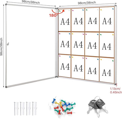 SWANCROWN Enclose Bulletin Board Case Big School Cork Pin Noticeboards Secure Cabinet for Message Guide 38x38inches (12xA4)