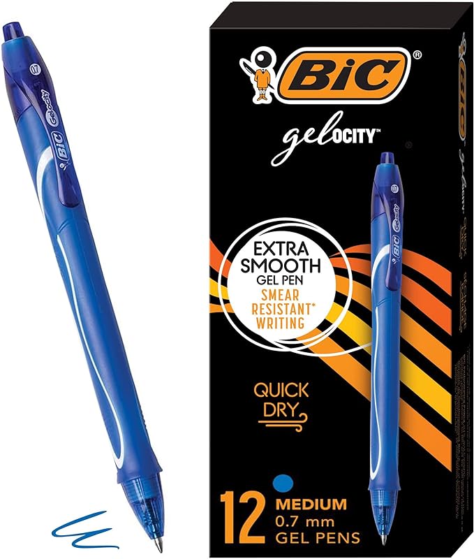 BIC Gelocity Quick Dry Blue Gel Pens, Medium Point (0.7mm), 12-Count Pack, Retractable Gel Pens With Comfortable Full Grip