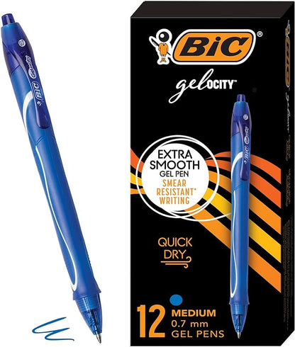BIC Gelocity Quick Dry Blue Gel Pens, Medium Point (0.7mm), 12-Count Pack, Retractable Gel Pens With Comfortable Full Grip