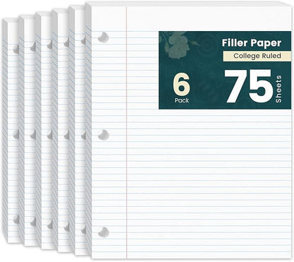College Ruled Loose Leaf Paper, 6 Pack Notebook Paper 8x10.5 Lined Paper, Filler Paper for 3 Ring Binders, Writing Pads 75 Sheets Per Notepad Double-Side Printed Lined Paper College Ruled for Home