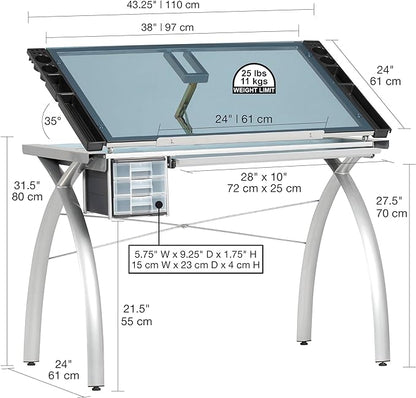 SD STUDIO DESIGNS Futura Crafting, Drafting, Drawing Adjustable Top Hobby Table Writing Studio Art Desk with Drawers, 38''W x 24''D, Tempered, Silver/Blue Glass