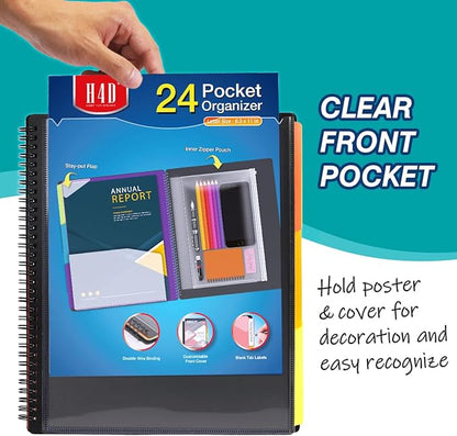 H4D 24 Pocket Poly Project Organizer, Spiral Multi Pocket Folder Organizer, Multi-Subject Folder Notebook, Letter Size