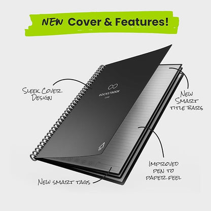 Rocketbook New Core Reusable Spiral Notebook, Executive Size 6x8.8, Black - Lined Pages, App-Connected, Erasable, Durable Cover, Ideal for School, Work, and Creative Projects (Pack of 1)